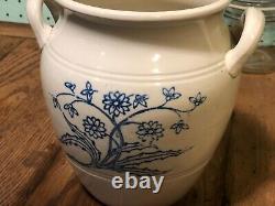 Antique 1896 Gustavsberg Pottery Urn / Crock w Handles Handpainted Blue Design