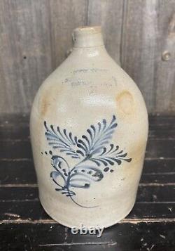 Antique 1900s New York Stoneware Co Fort Edward NY Floral Decorated Jug Crock 2G