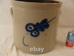 Antique 19C 6 Gallon Blue Slip Flower Stoneware Crock
