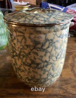 Antique 19thC Primitive Spongeware Yellow Ware Sugar Canister Crock withLid Gilded