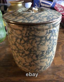 Antique 19thC Primitive Spongeware Yellow Ware Sugar Canister Crock withLid Gilded