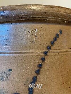 Antique 19th C 4 Gallon Salt Glazed Stoneware Crock Cobalt Blue Floral Design