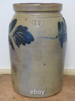 Antique 19th C COBALT BLUE DECORATED TULIP STONEWARE PRESERVE JAR CROCK PA VA