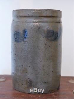 Antique 19th C STONEWARE Salt Glaze COBALT BLUE DEC Small PA Canning Jar CROCK