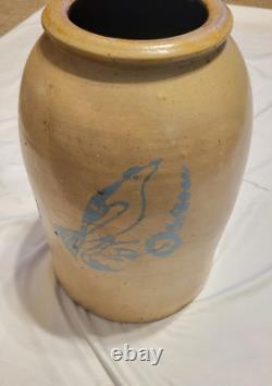 Antique 19th C. Stoneware Blue Bird Decorated 13 Crock