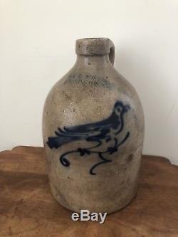 Antique 19th C. Stoneware Blue Bird Jug J & E Norton Bennington VT Pottery Crock