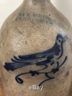 Antique 19th C. Stoneware Blue Bird Jug J & E Norton Bennington VT Pottery Crock