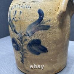 Antique 19thc Cortland NY Cobalt Blue Floral Decor Stoneware Jar Crock Primitive