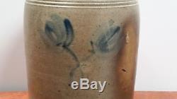 Antique 1 1/2 Gallon Blue Cobalt Decorated withTulips Stoneware Crock Maryland