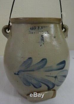 Antique 1.5 Gal. Stoneware Batter Pail Cobalt Decorated Floral Evan-Jones