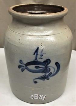 Antique 1.5 Gal Stoneware Crock Jar Vibrant Blue Tulip Flower Dec. Aafa Clean