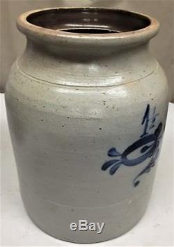 Antique 1.5 Gal Stoneware Crock Jar Vibrant Blue Tulip Flower Dec. Aafa Clean