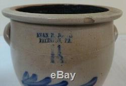 Antique 1.5 gal. Stoneware Jar Cobalt Blue Decorated Flower Evan Jones