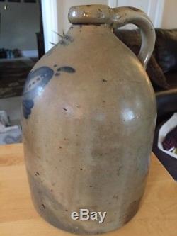 Antique 2Gal. 13.5Stoneware Salt Glaze Jug Cobalt Tulip WM E. Warner West Troy