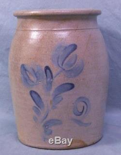 Antique 2 Gal. Stoneware Decorated Crock Cobalt Flower Pattern
