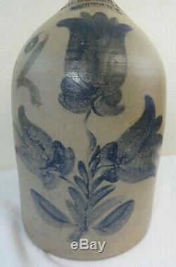Antique 2 Gal. Stoneware Jug Triple Tulip Decoration W. H. Farrar Goddes, N. Y