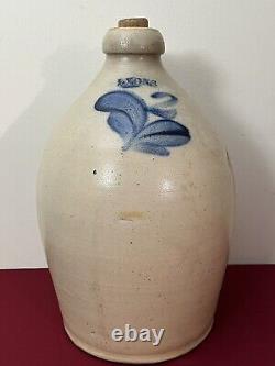 Antique 2 Gallon Lyons Salt Glazed Cobalt Blue Decorated Flower Stoneware Jug