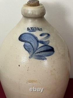 Antique 2 Gallon Lyons Salt Glazed Cobalt Blue Decorated Flower Stoneware Jug