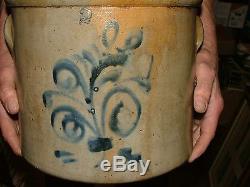 Antique 2 Gallon New York Stoneware Crock with Ears Cobalt Blue Floral Decoration