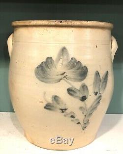Antique 2 Gallon Stoneware Crock Cream Pot Jug Cobalt Flower Design 1850s