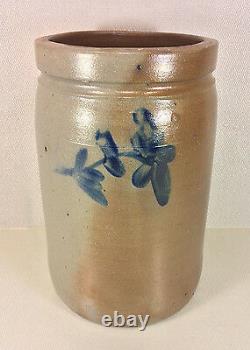 Antique 2 Gallon Stoneware Crock with 3 Cobalt Blue Flowers No Makers Mark