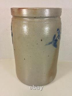 Antique 2 Gallon Stoneware Crock with 3 Cobalt Blue Flowers No Makers Mark