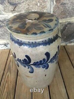 Antique 2 Gallon Stoneware Crock with Lid Cobalt Decorated Att. Remmey