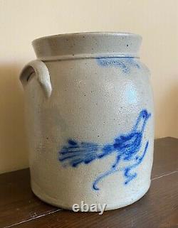 Antique 2 gal. 19th C Cobalt Decorated Stoneware Crock withBird White's Utica NY