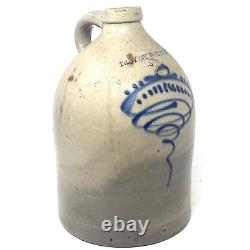 Antique 2 gallon Stoneware Jug Cobalt Blue Design Troy NY Pottery 13.5 Tall