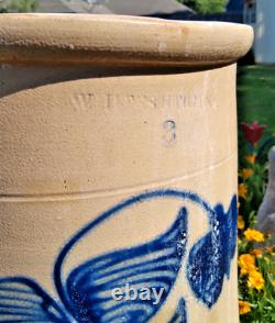 Antique 3-Gal Crock Cobalt Blue Lady Slipper Flower by Whites Utica New York