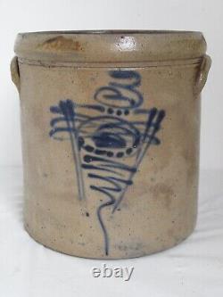 Antique 3 Gal Stoneware Crock Salt Glaze with Cobalt Design 11 tall 10 3/8 D