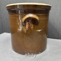 Antique 3 Gallon Blue Paint Bee Sting Brown Glazed Stoneware Handled Crock