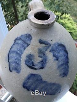 Antique 3 Gallon Cobalt Blue Salt Glaze Stoneware Pottery Crock Triple Bee Sting