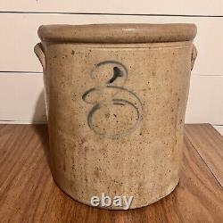 Antique 3 Gallon Crock Blue Bee Sting Design Dual Handler Primitive Stoneware