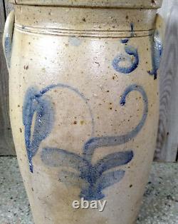 Antique 3 Gallon Salt Glaze Stoneware Butter Churn with Cobalt Flower Decoration