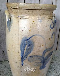Antique 3 Gallon Salt Glaze Stoneware Butter Churn with Cobalt Flower Decoration