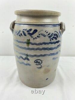 Antique 3 Gallon Stoneware Crock 14 Cobalt Blue Salt Glaze Decorated Bee Sting