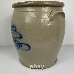 Antique 3 Gallon Stoneware Crock Trailed 3 Cobalt Blue Decoration Handles Ovid