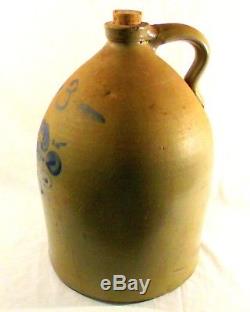Antique 3 Gallon stoneware jug 19th Century Cobalt Blue decorated w decoration