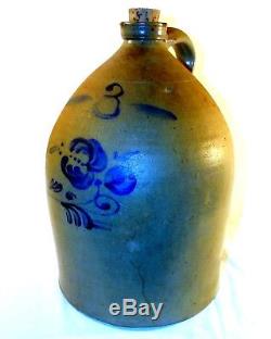 Antique 3 Gallon stoneware jug 19th Century Cobalt Blue decorated w decoration