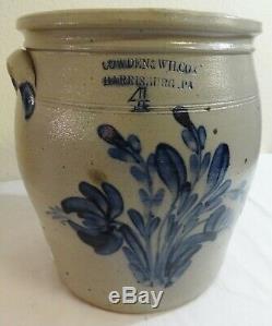 Antique 4 Gal. Cowden Wilcox Stoneware Crock Full Blue Pussy Willow Decoration