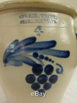Antique 4 Gal. Stoneware Cowden Wilcox Crock Blue Cobalt Grapes Decoration