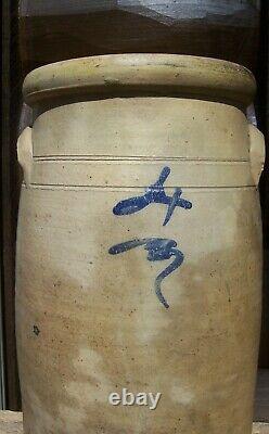 Antique 4 Gallon Blue Slip Salt Glaze Stoneware Butter Churn Crock