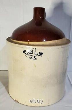 Antique 4 Gallon Brown Top Stoneware Liquor Pottery Crock Jug