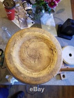 Antique 4 Gallon Pottery Stoneware Crock. Wood handles and Wood butter Churn