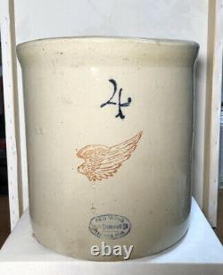 Antique 4 Gallon Red Wing Union Stoneware MN Crock With 4 Wing & Oval Medallion