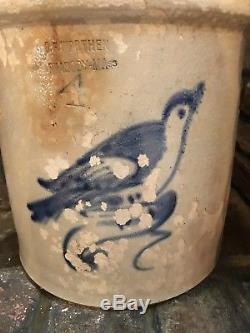 Antique 4 Gallon Stoneware Crock Gf Worthen Peabody Mass. Colbalt Blue Bird