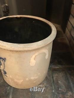Antique 4 Gallon Stoneware Crock Gf Worthen Peabody Mass. Colbalt Blue Bird