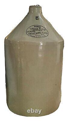 Antique 5 Gallon Embalming Fluid Advertising Stoneware Jug Argas Durfee