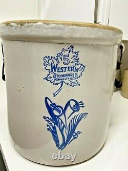 Antique 5 Gallon Western Stoneware Hand Painted Crock with Flowers and Handles